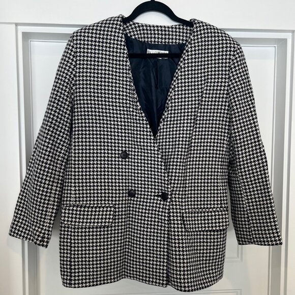 SK & Company Vintage Navy Blue and White Wool Houndstooth Blazer Jacket Size 16 - Picture 1 of 7